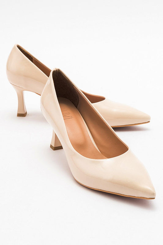 Pedra - Zapatos de tacón en punta de charol beige (Mujer)