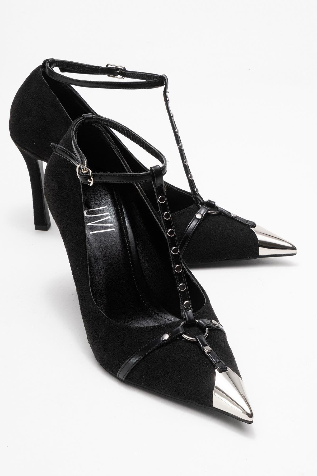 Juliana - Zapatos de tacón de aguja de gamuza negra con punta (Mujer)