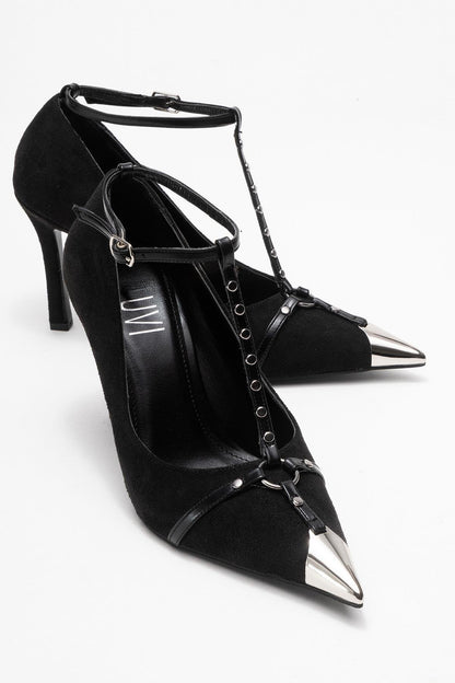 Juliana - Zapatos de tacón de aguja de gamuza negra con punta (Mujer)