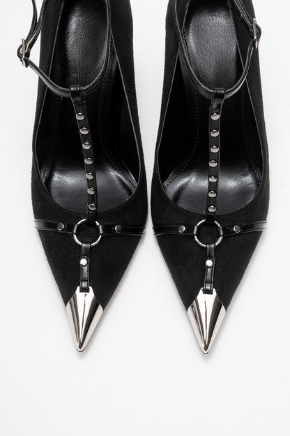 Juliana - Zapatos de tacón de aguja de gamuza negra con punta (Mujer)