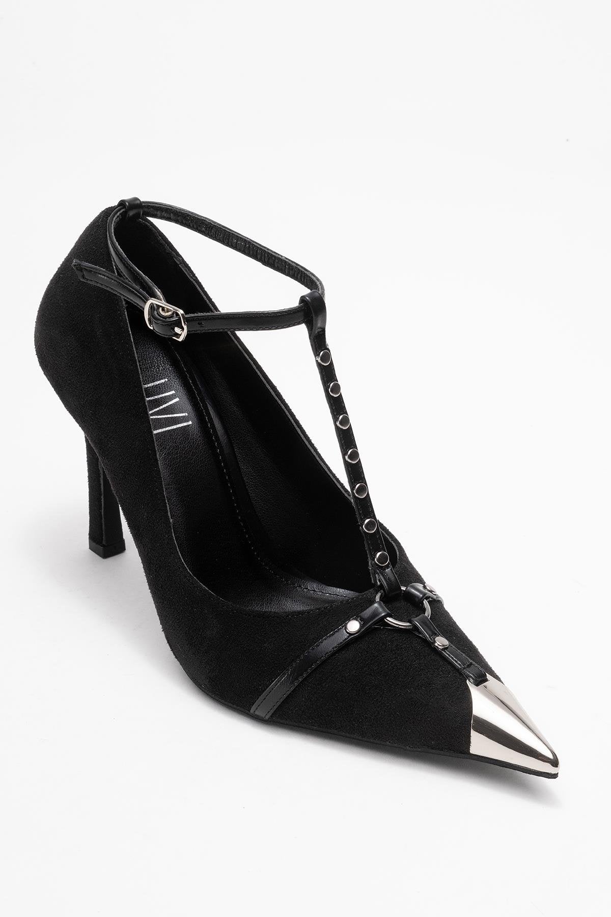 Juliana - Zapatos de tacón de aguja de gamuza negra con punta (Mujer)