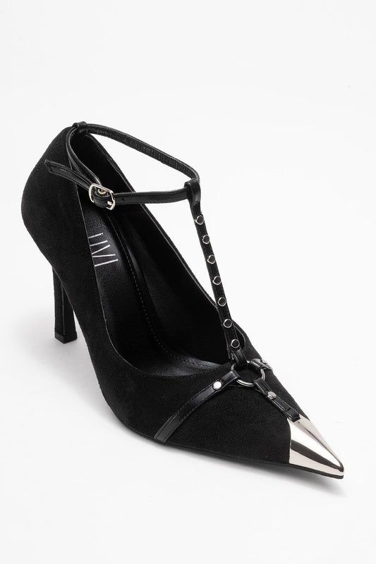 Juliana - Zapatos de tacón de aguja de gamuza negra con punta (Mujer)