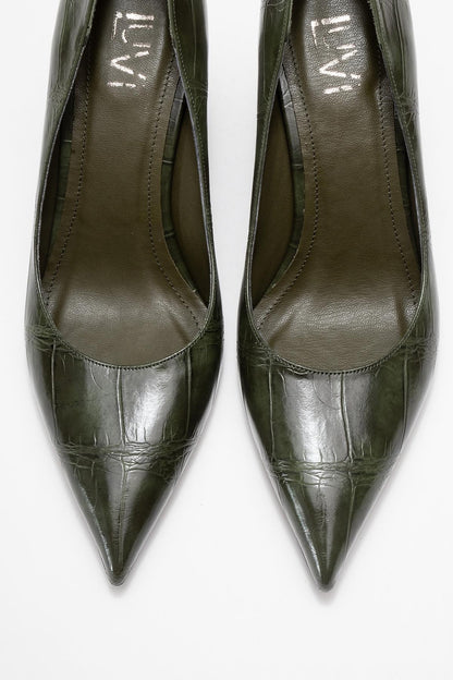 Puera - Zapatos de tacón de cuña estampados verdes con punta (Mujer)