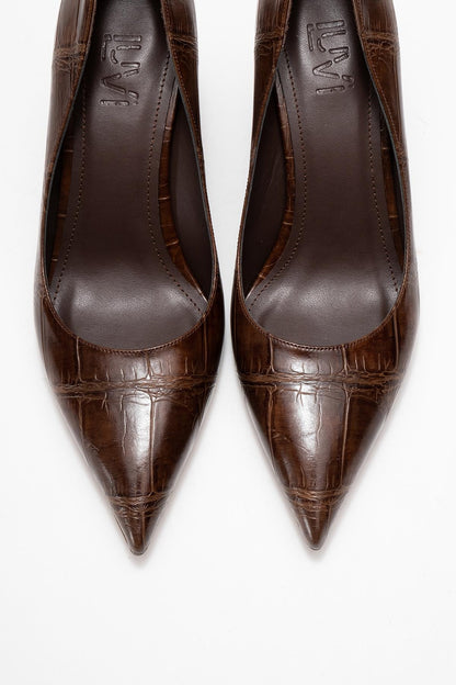 Puera - Zapatos de tacón de cuña con punta en punta y estampado marrón (mujer)