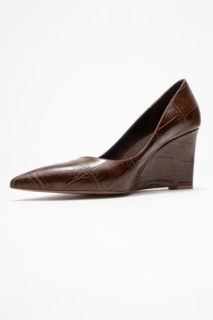 Puera - Zapatos de tacón de cuña con punta en punta y estampado marrón (mujer)