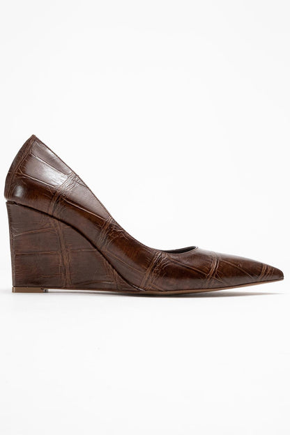 Puera - Zapatos de tacón de cuña con punta en punta y estampado marrón (mujer)