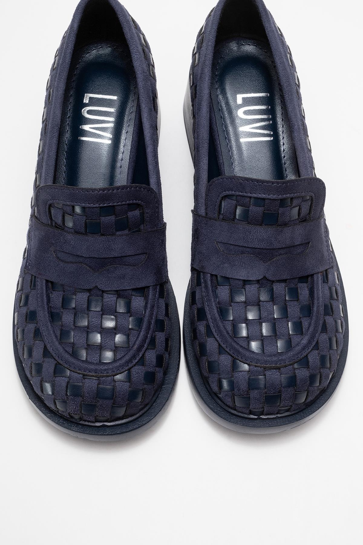 Marlon - Mocasines de tacón en bloque tejidos color marino (mujer)