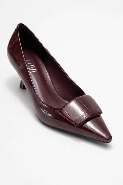 Marcia - Zapatos de tacón en punta con hebilla y estampado burdeos (Mujer)