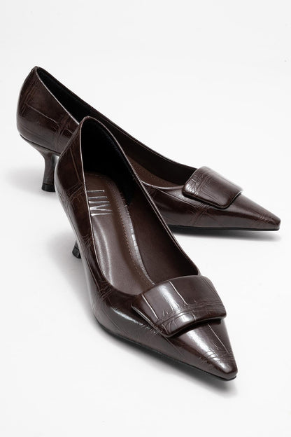 Marcia - Zapatos de tacón en punta con hebilla y estampado marrón (mujer)