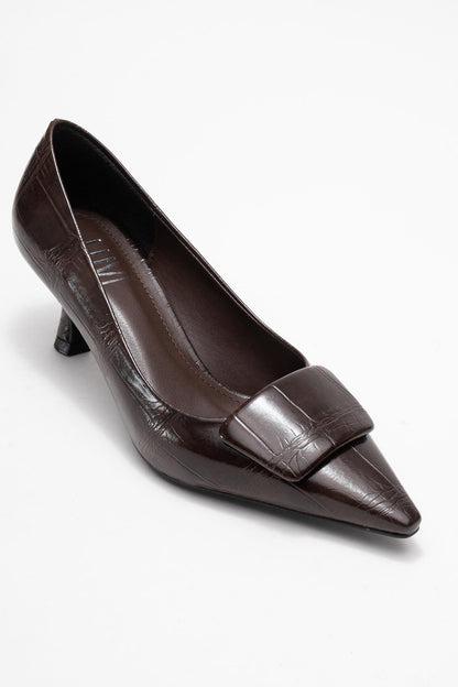 Marcia - Zapatos de tacón en punta con hebilla y estampado marrón (mujer)