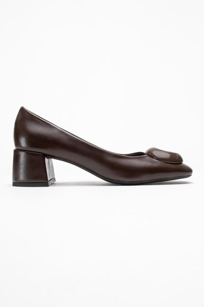Mila - Zapatos de tacón de bloque con punta cuadrada y hebilla marrón (mujer)