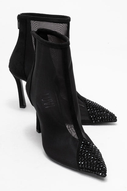 Farella - Black Mesh Embellished Back-Zip Bootie (Women)