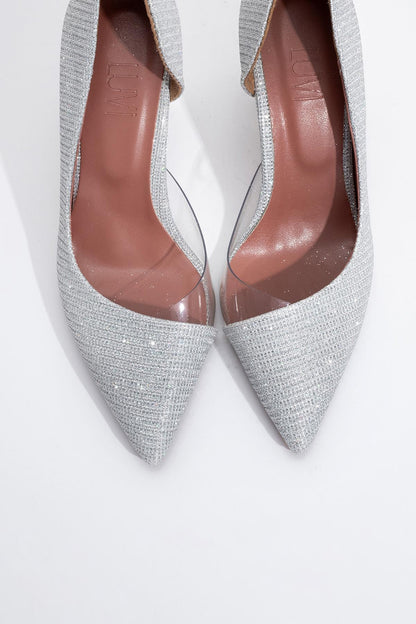 Ursula - Zapatilla de Tacón con Brillo Plateado y Punta Fina (Mujer)