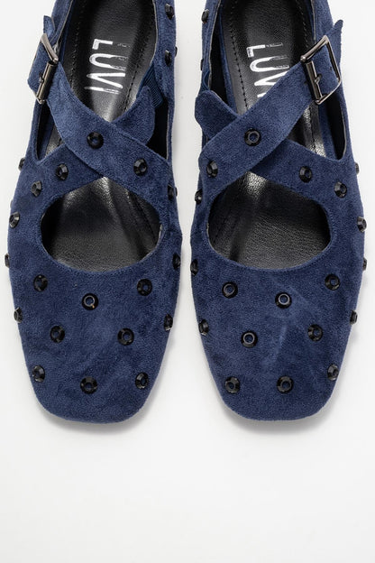 Addison - Navy Suede Cross Strap Mary Jane Shoes (Women)