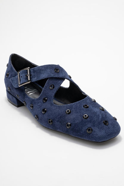 Addison - Navy Suede Cross Strap Mary Jane Shoes (Women)