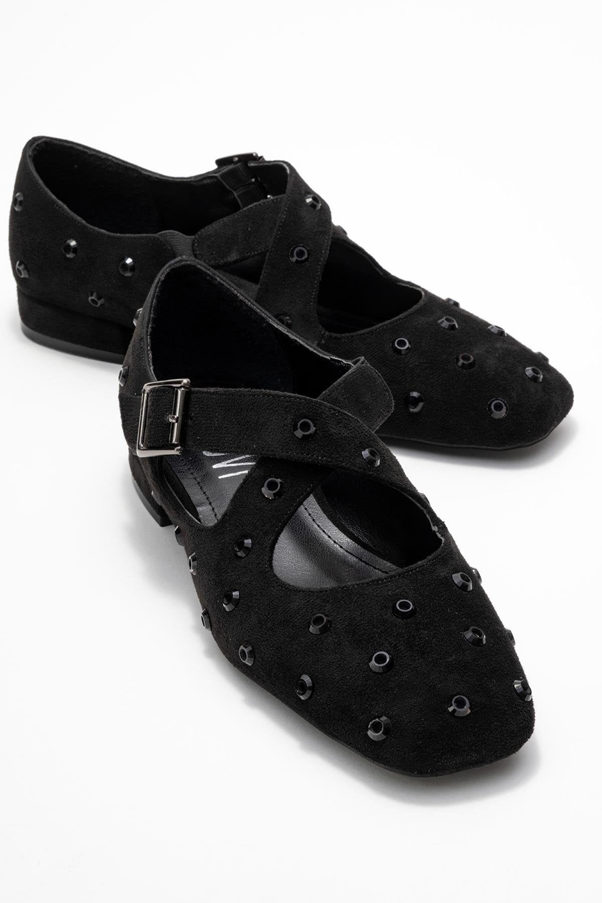 Addison - Black Suede Cross Strap Mary Jane Shoes (Women)