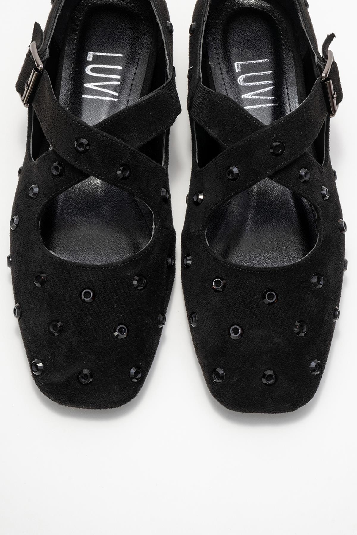 Addison - Black Suede Cross Strap Mary Jane Shoes (Women)
