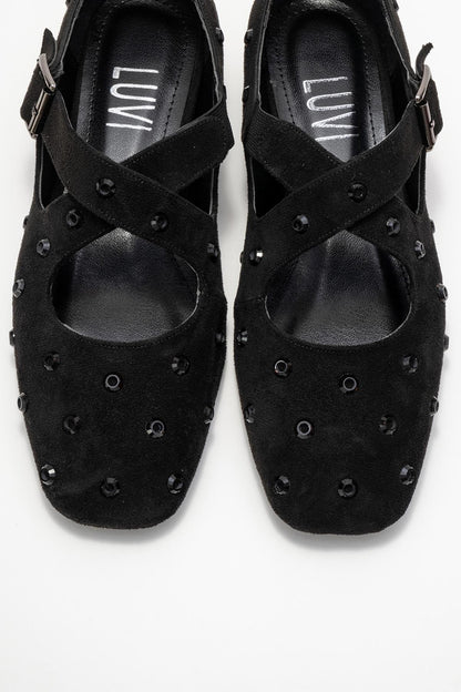 Addison - Black Suede Cross Strap Mary Jane Shoes (Women)