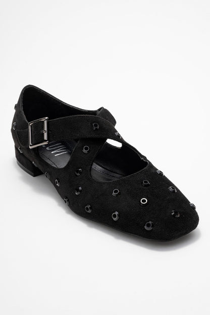 Addison - Black Suede Cross Strap Mary Jane Shoes (Women)