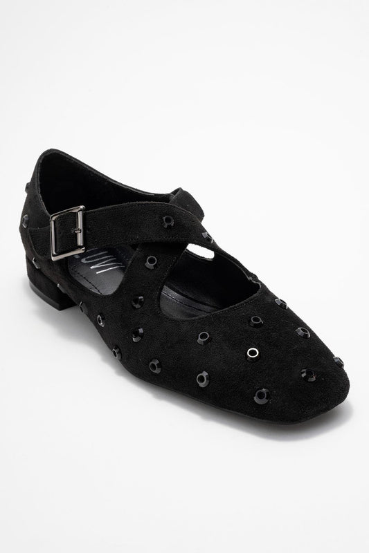 Addison - Zapatos Mary Jane de gamuza negra con tiras cruzadas (Mujer)