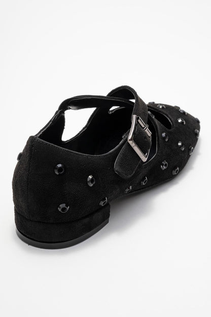 Addison - Black Suede Cross Strap Mary Jane Shoes (Women)