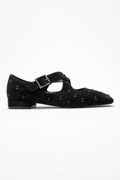 Addison - Black Suede Cross Strap Mary Jane Shoes (Women)