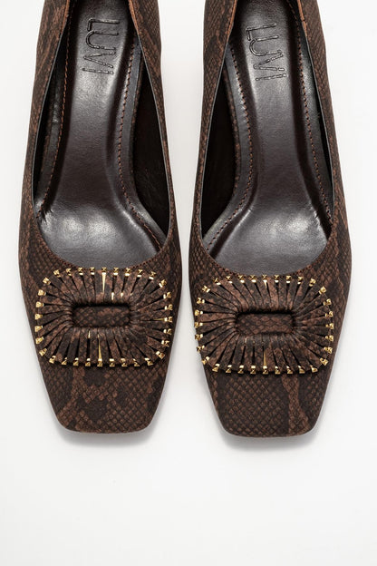 Velora - Zapatos de tacón grueso con hebilla y punta cuadrada con estampado marrón (Mujer)