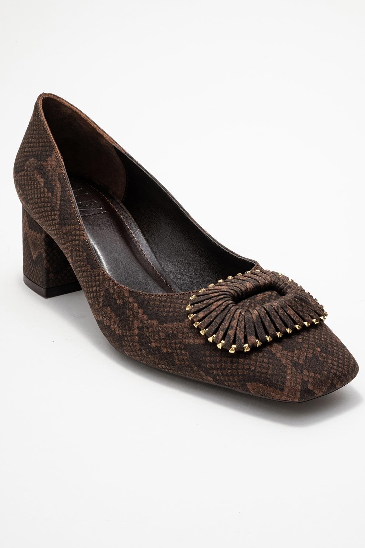 Velora - Zapatos de tacón grueso con hebilla y punta cuadrada con estampado marrón (Mujer)