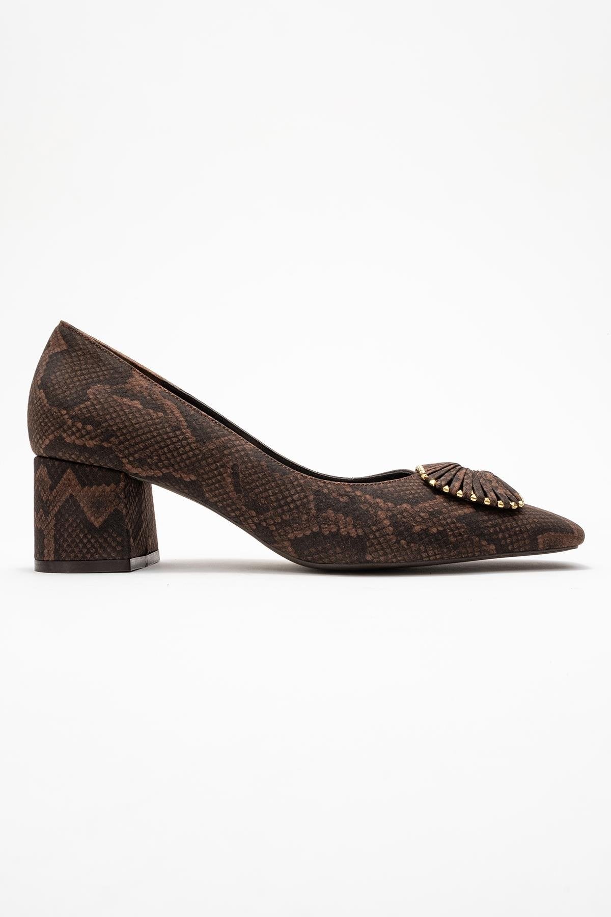 Velora - Zapatos de tacón grueso con hebilla y punta cuadrada con estampado marrón (Mujer)