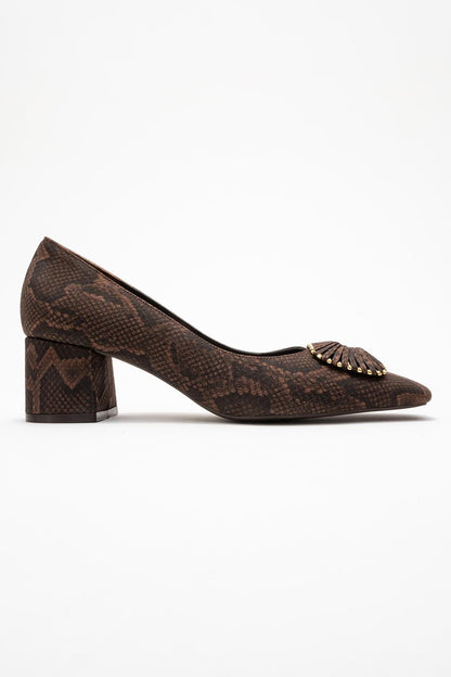 Velora - Zapatos de tacón grueso con hebilla y punta cuadrada con estampado marrón (Mujer)