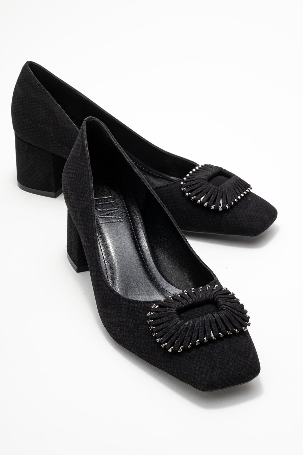 Velora - Zapatos de tacón grueso con hebilla y punta cuadrada, estampado negro (Mujer)