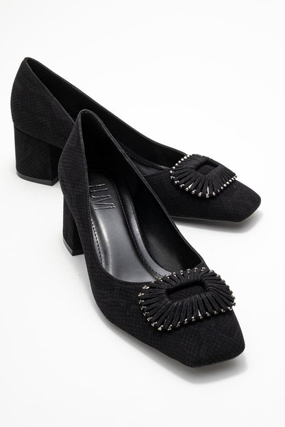 Velora - Zapatos de tacón grueso con hebilla y punta cuadrada, estampado negro (Mujer)