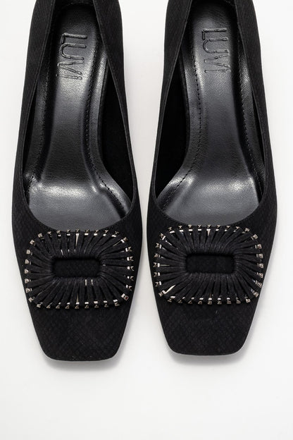Velora - Zapatos de tacón grueso con hebilla y punta cuadrada, estampado negro (Mujer)