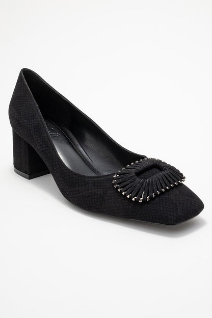 Velora - Zapatos de tacón grueso con hebilla y punta cuadrada, estampado negro (Mujer)