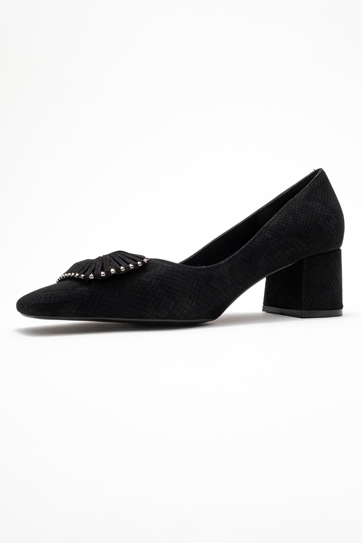 Velora - Zapatos de tacón grueso con hebilla y punta cuadrada, estampado negro (Mujer)