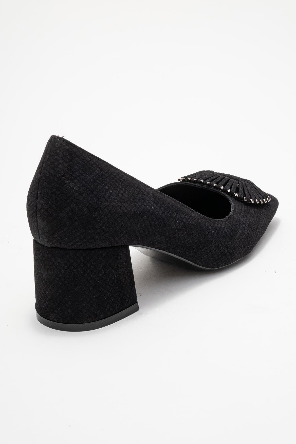 Velora - Zapatos de tacón grueso con hebilla y punta cuadrada, estampado negro (Mujer)