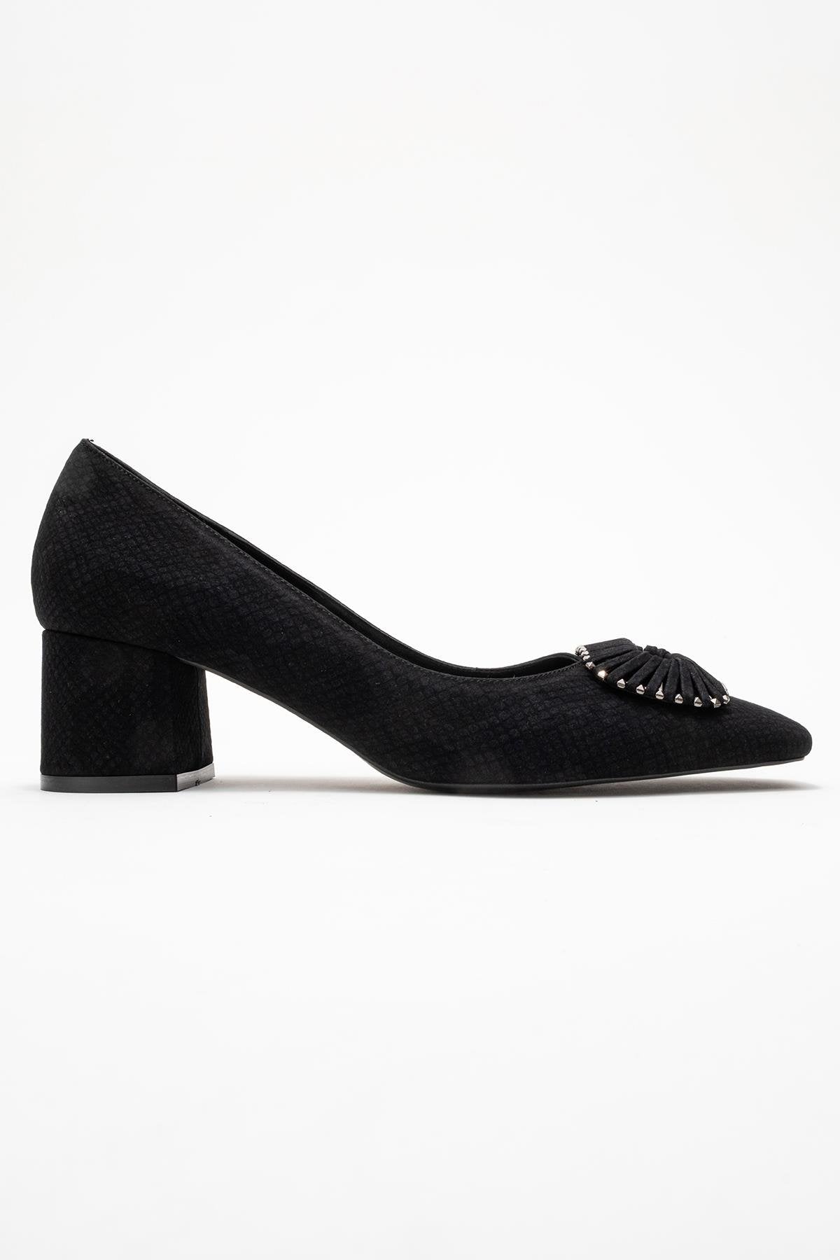 Velora - Zapatos de tacón grueso con hebilla y punta cuadrada, estampado negro (Mujer)