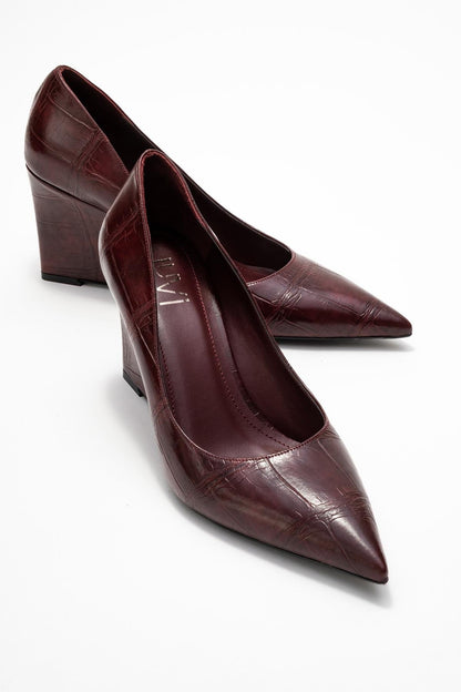 Puera - Zapatos de tacón de cuña estampados burdeos con punta (Mujer)
