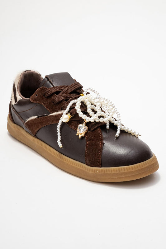 Taren - Brown Leather Pearl Buckle Sneakers (Women)