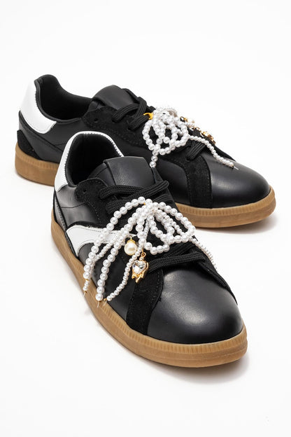Taren - Zapatillas de cuero negro con hebilla de perlas (mujer)