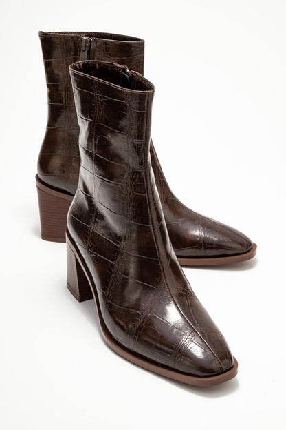 Chara - Bota de tacón de bloque estampado en marrón (Mujer)