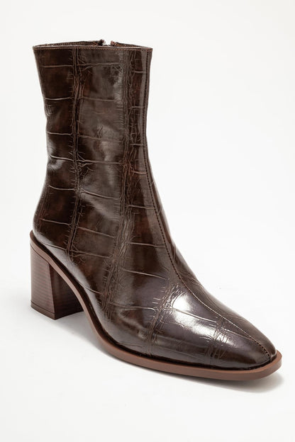 Chara - Bota de tacón de bloque estampado en marrón (Mujer)