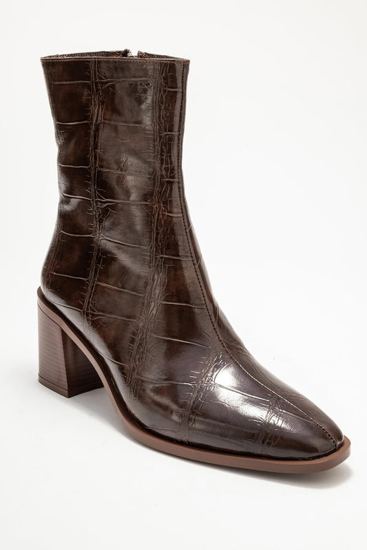 Chara - Bota de tacón de bloque estampado en marrón (Mujer)