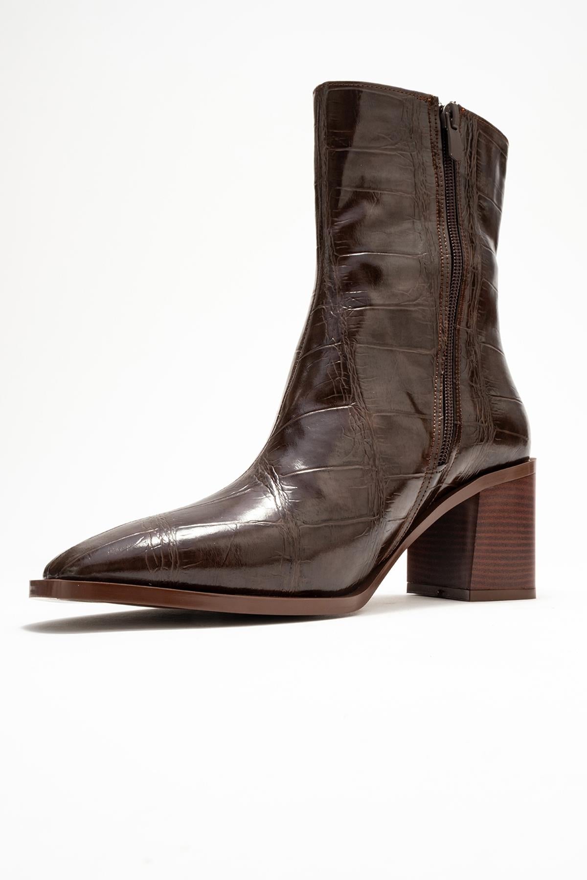 Chara - Bota de tacón de bloque estampado en marrón (Mujer)