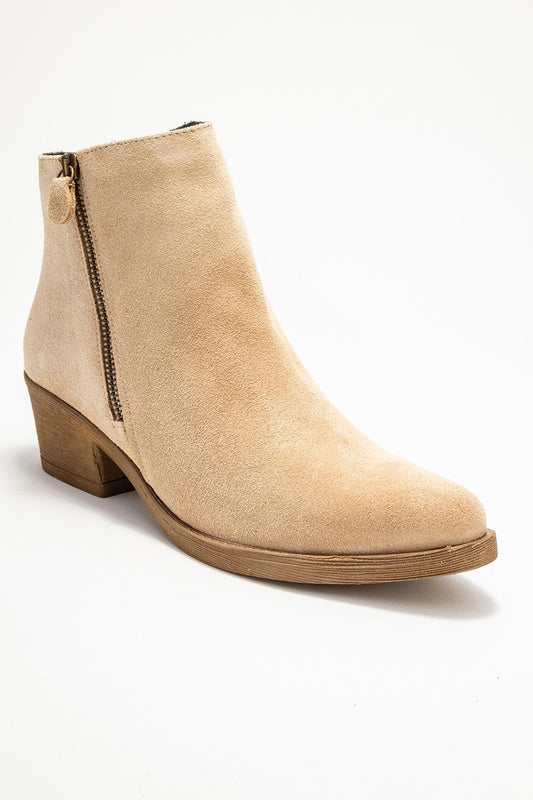 JAYER Beige Suede Leather Double-Zip Block Heel Boot (Women)