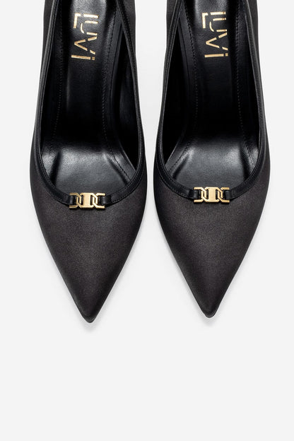 Milos - Zapatilla de tacón de aguja con punta y hebilla de satén negro (Mujer)