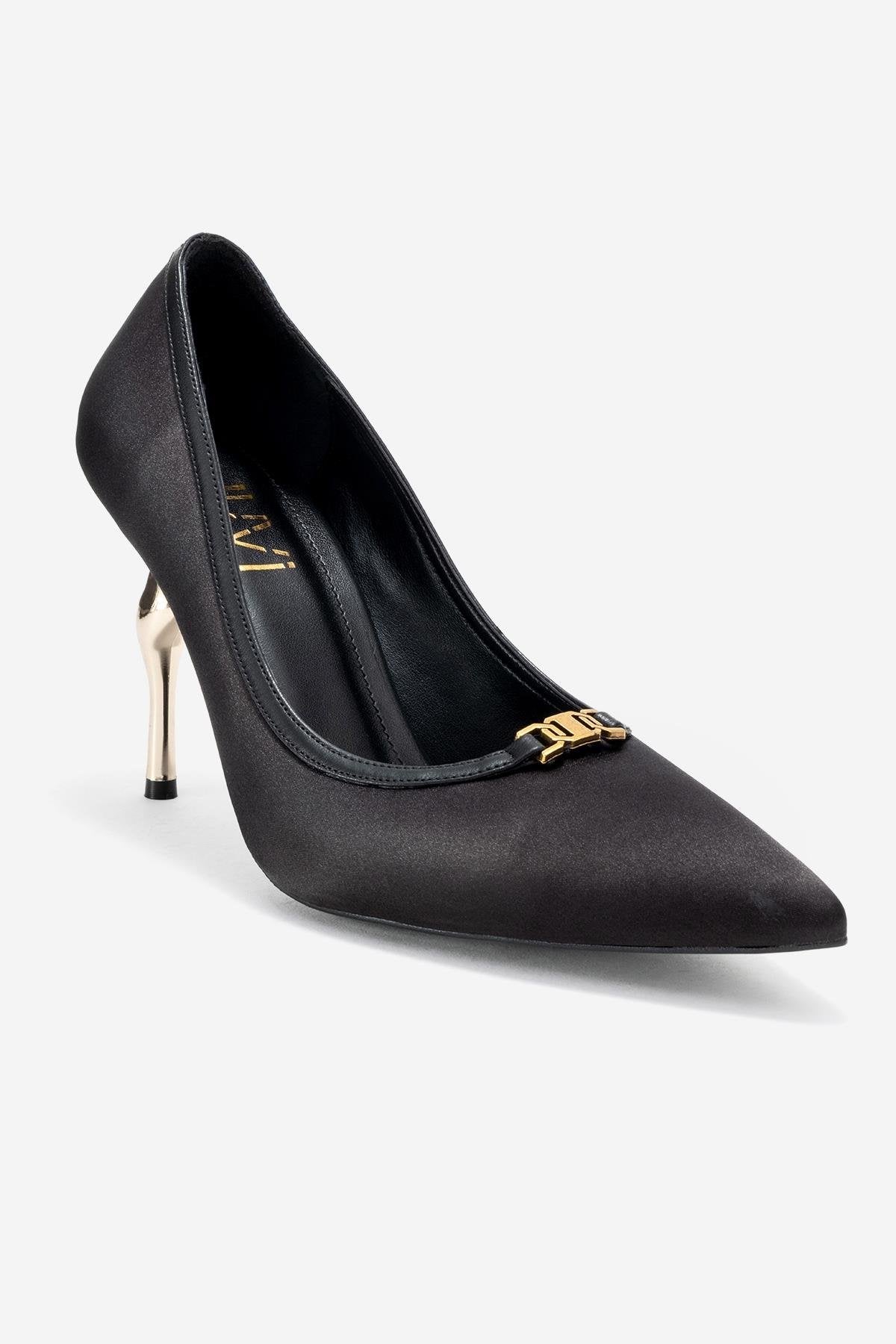 Milos - Zapatilla de tacón de aguja con punta y hebilla de satén negro (Mujer)
