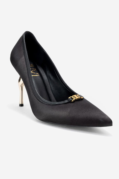 Milos - Zapatilla de tacón de aguja con punta y hebilla de satén negro (Mujer)
