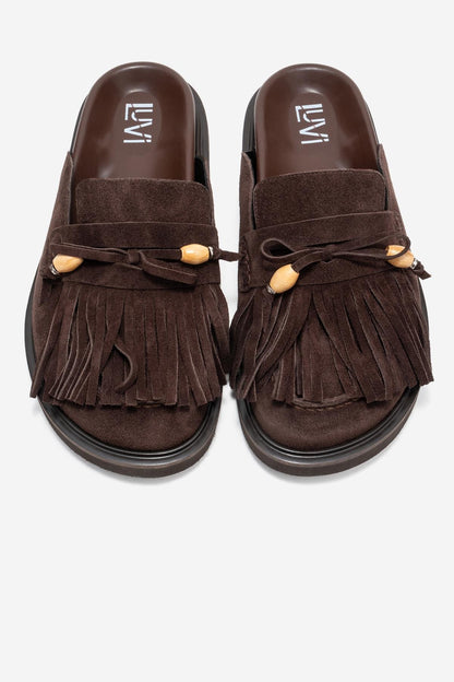 Carol - Mules de cuero de ante marrón con borlas (Mujer)