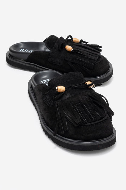 Carol - Zuecos de cuero con borla de gamuza negra (Mujer)